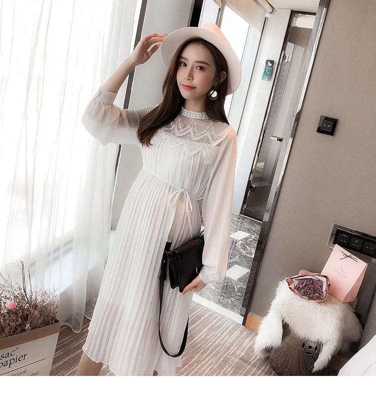 Kiki's Baby Closet Chiffon Long Sleeve Pleated Maternity Dress