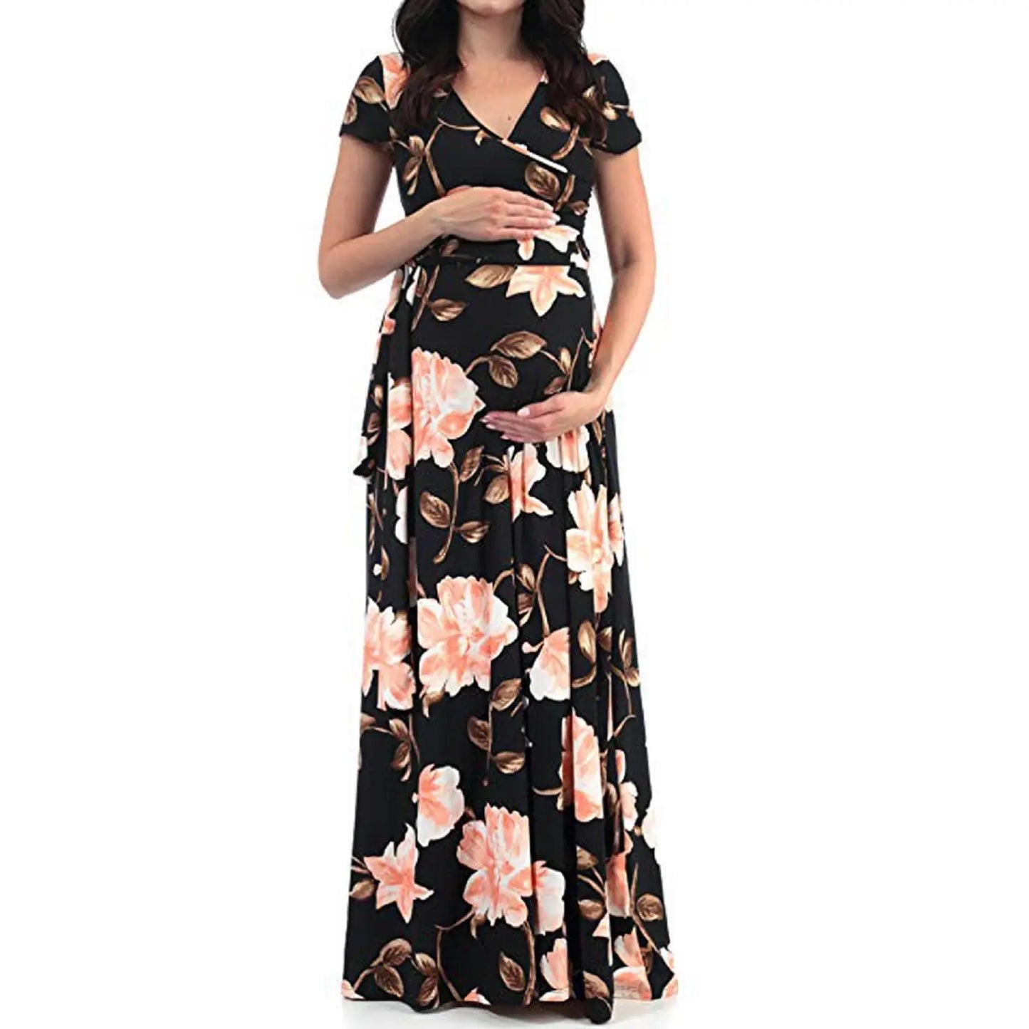 Kiki's Baby Closet Floral Print Short Sleeve V Neck Maxi Long Maternity Dress