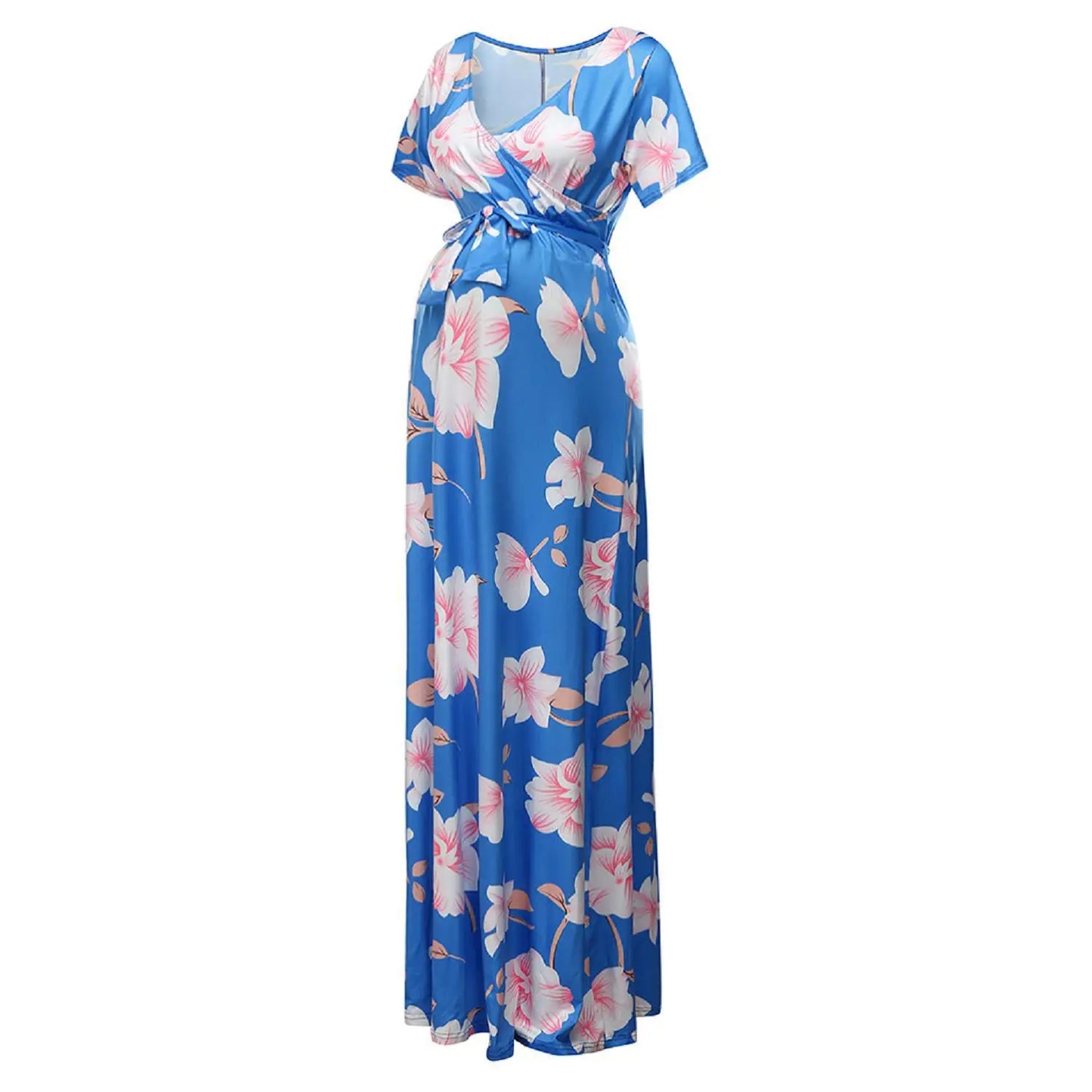 Kiki's Baby Closet Floral Print Short Sleeve V Neck Maxi Long Maternity Dress