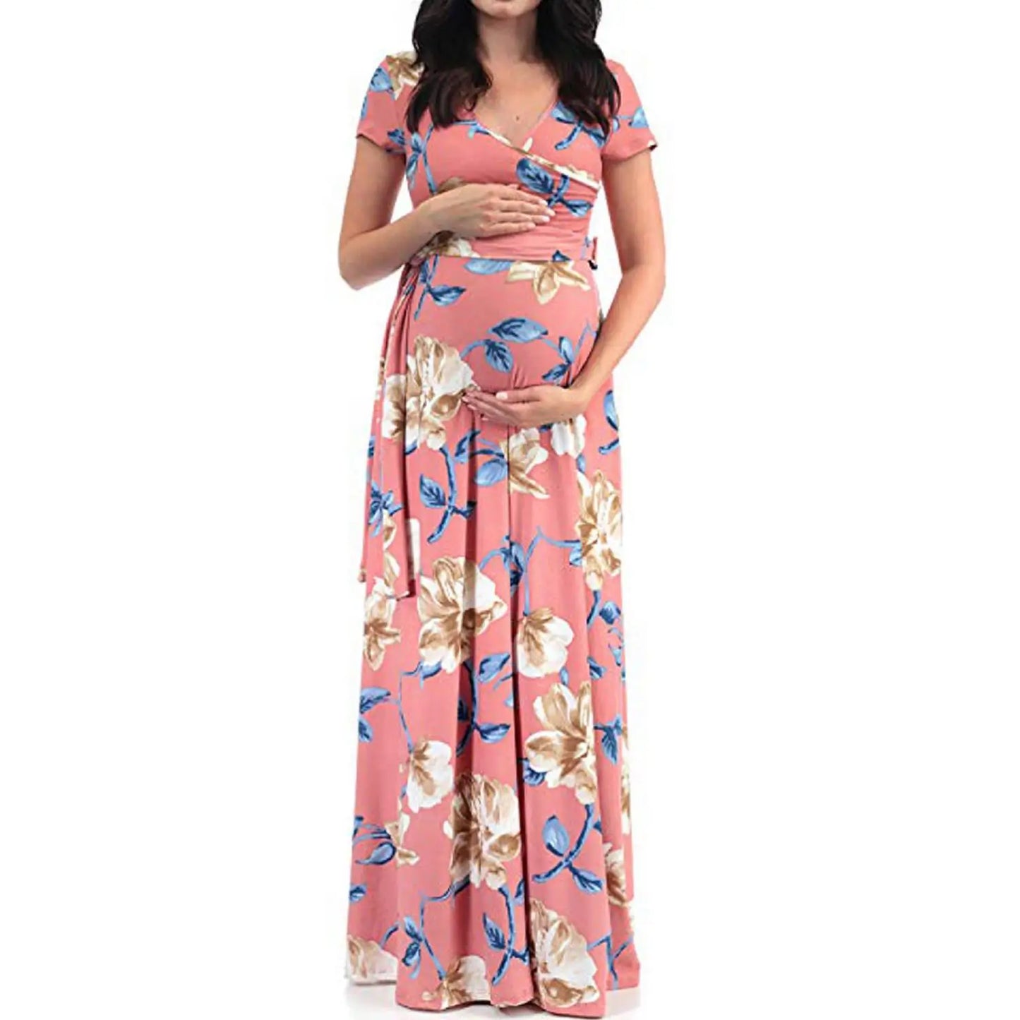 Kiki's Baby Closet Floral Print Short Sleeve V Neck Maxi Long Maternity Dress