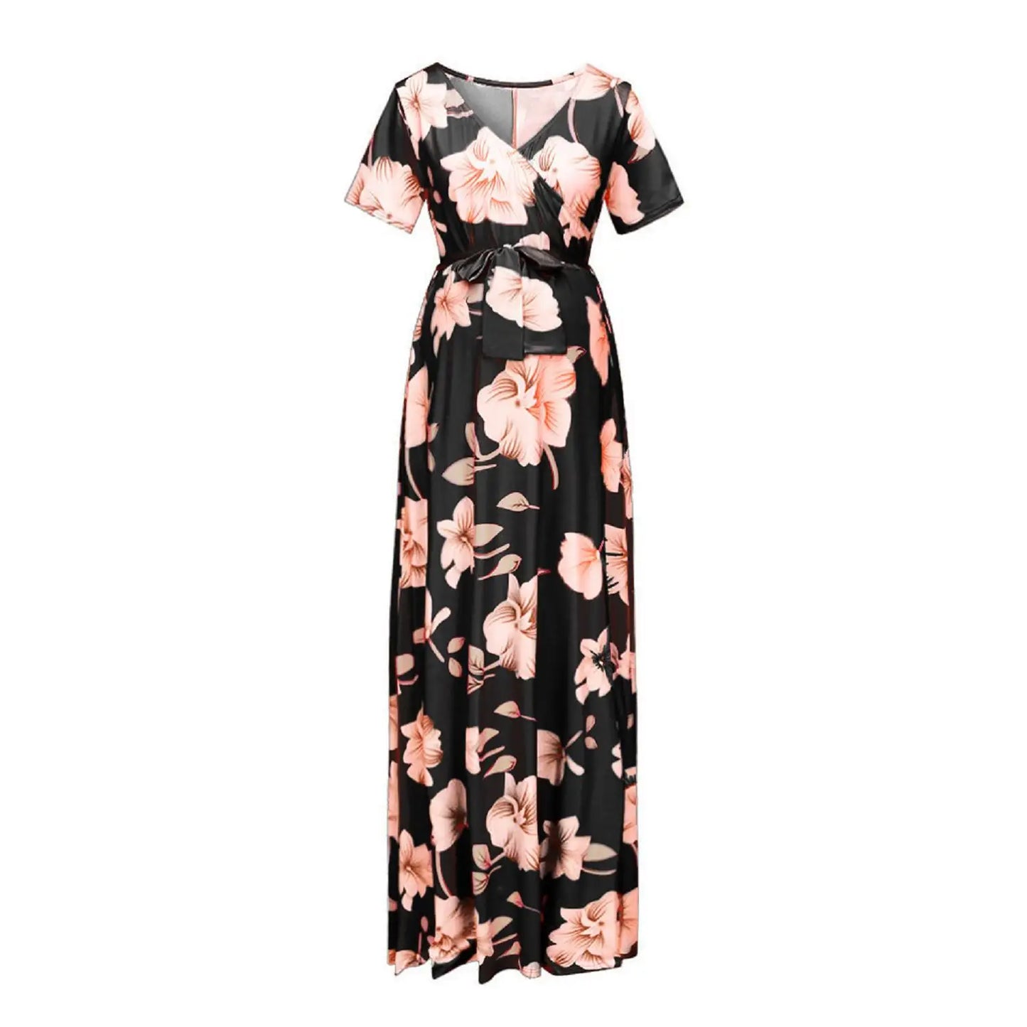 Kiki's Baby Closet Floral Print Short Sleeve V Neck Maxi Long Maternity Dress