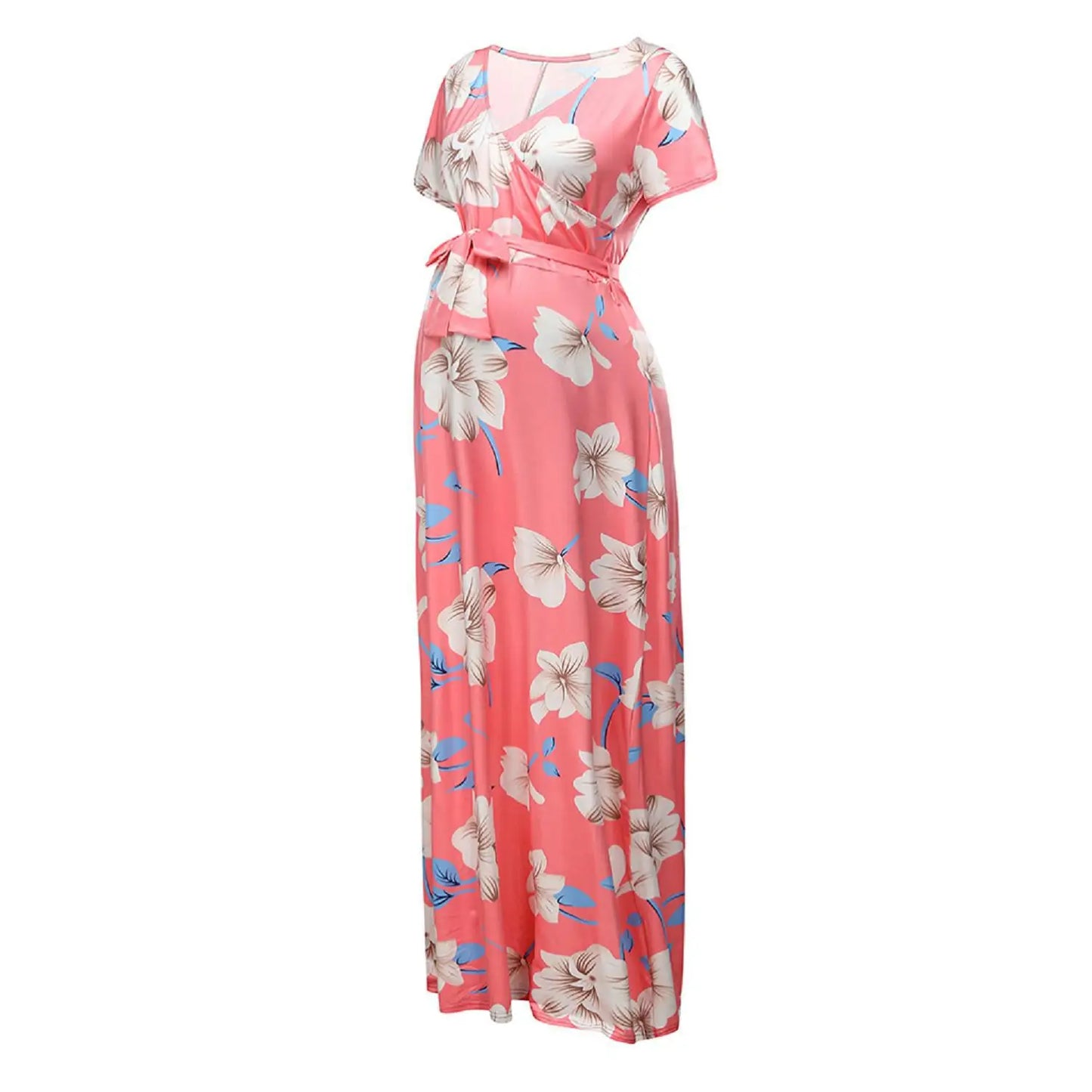 Kiki's Baby Closet Floral Print Short Sleeve V Neck Maxi Long Maternity Dress