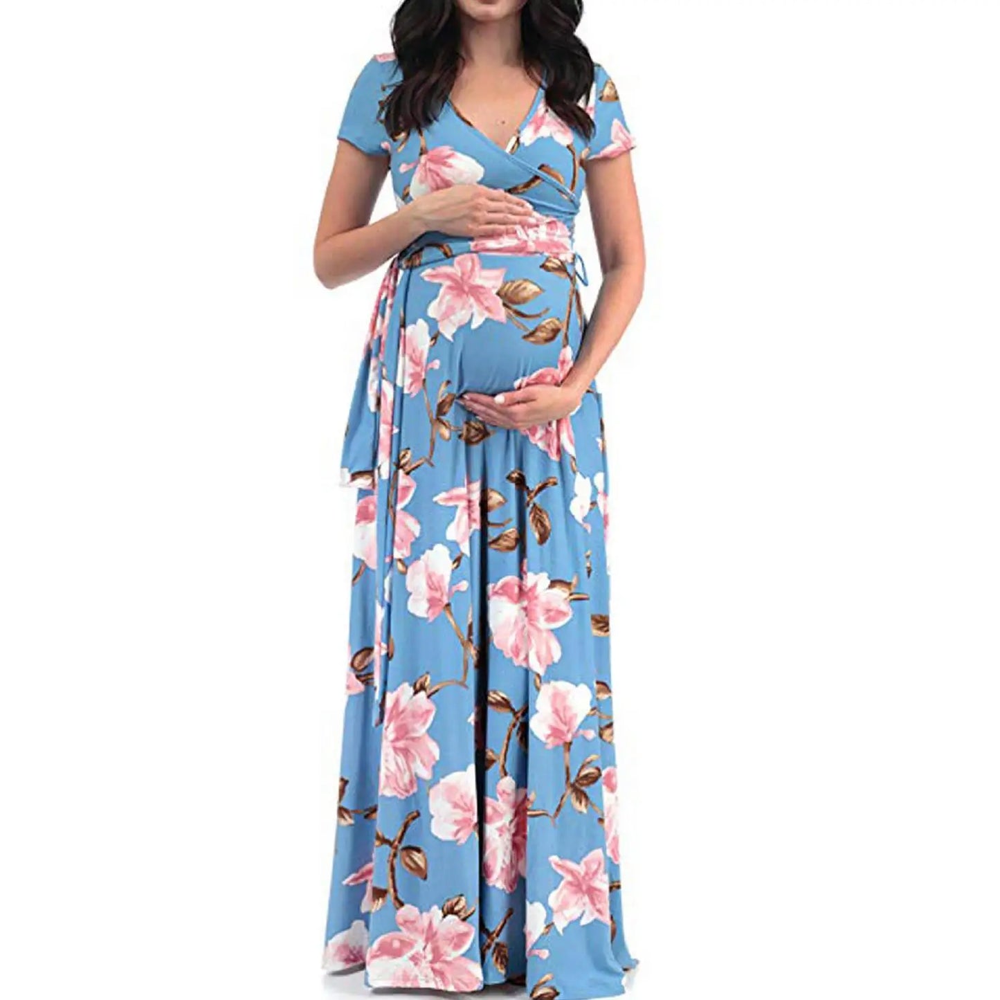 Kiki's Baby Closet Floral Print Short Sleeve V Neck Maxi Long Maternity Dress