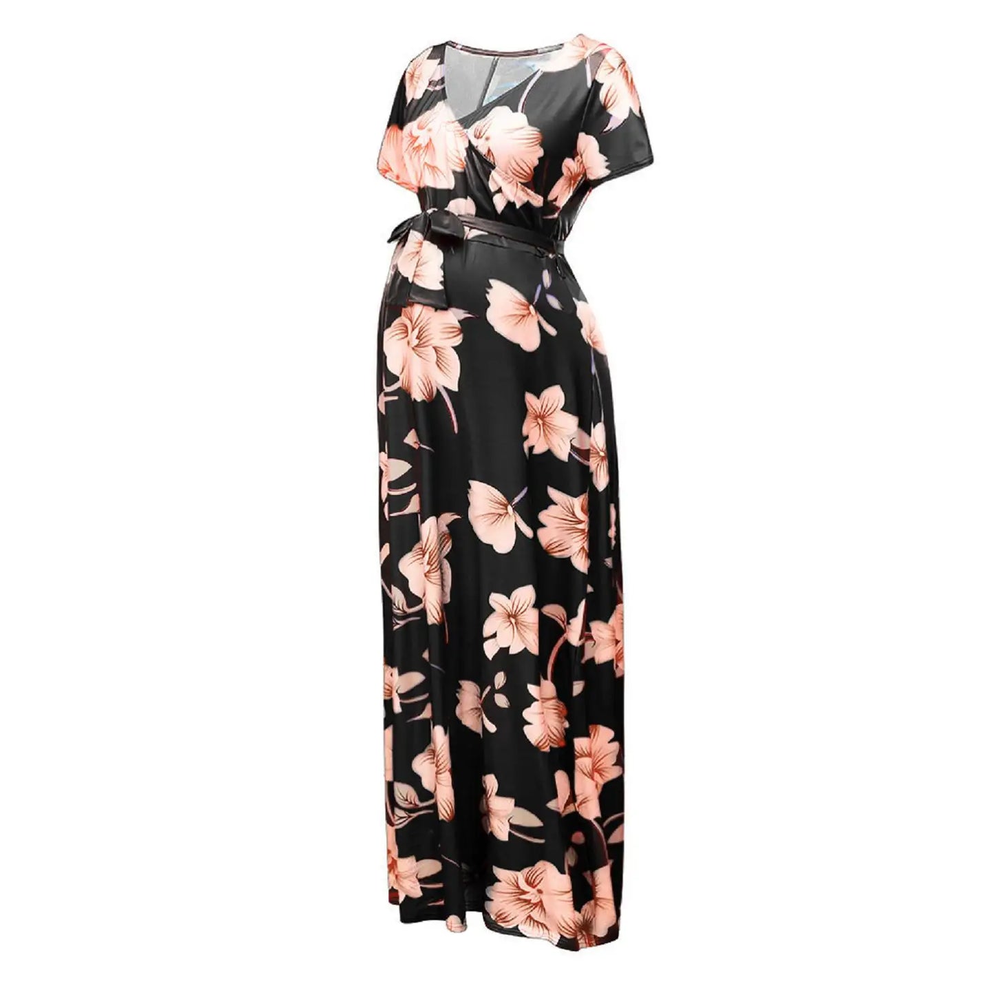 Kiki's Baby Closet Floral Print Short Sleeve V Neck Maxi Long Maternity Dress