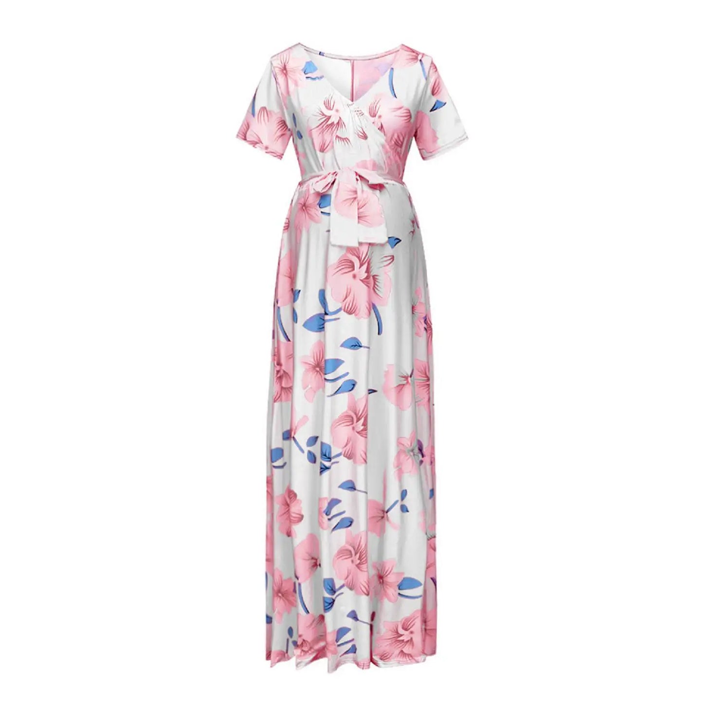 Kiki's Baby Closet Floral Print Short Sleeve V Neck Maxi Long Maternity Dress