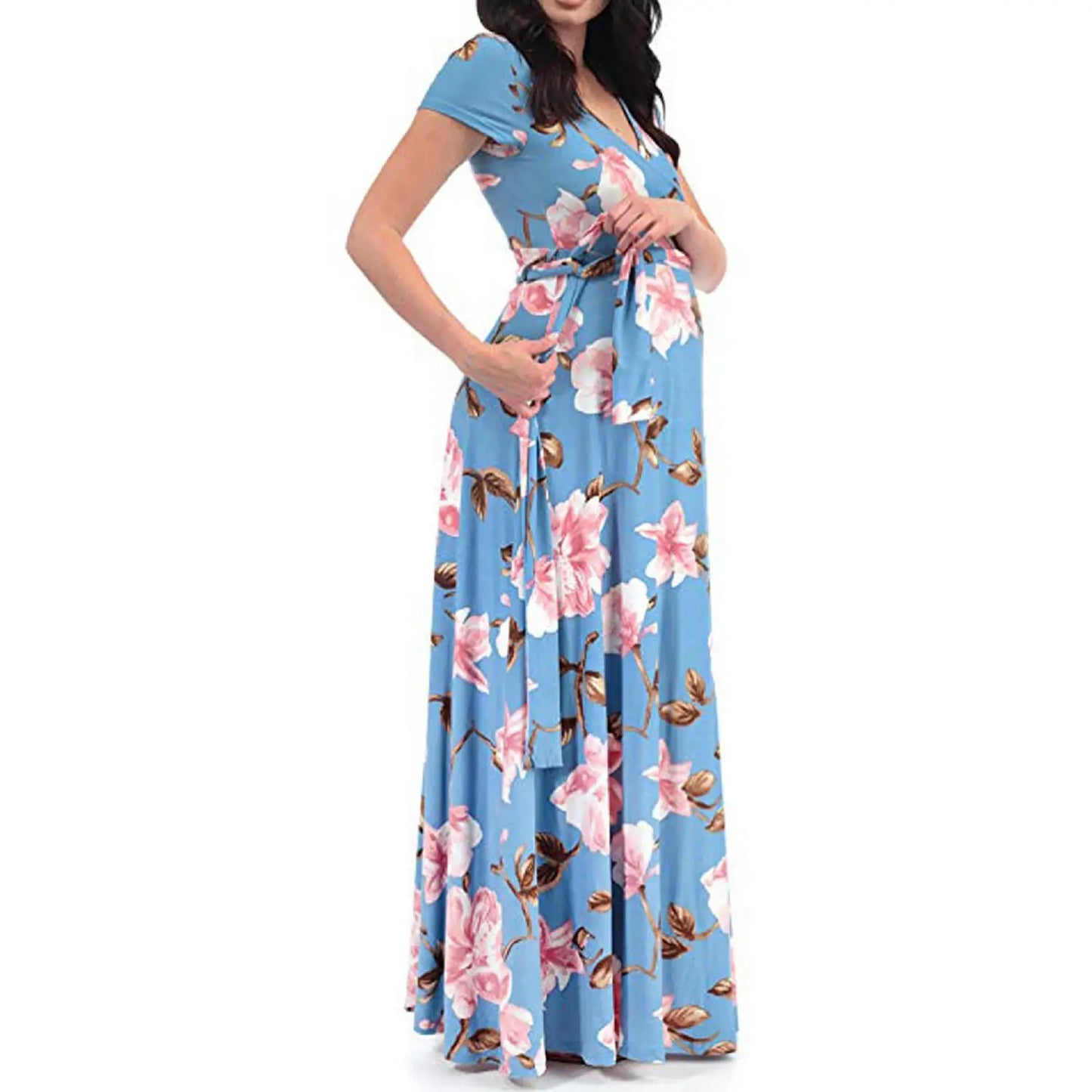 Kiki's Baby Closet Floral Print Short Sleeve V Neck Maxi Long Maternity Dress