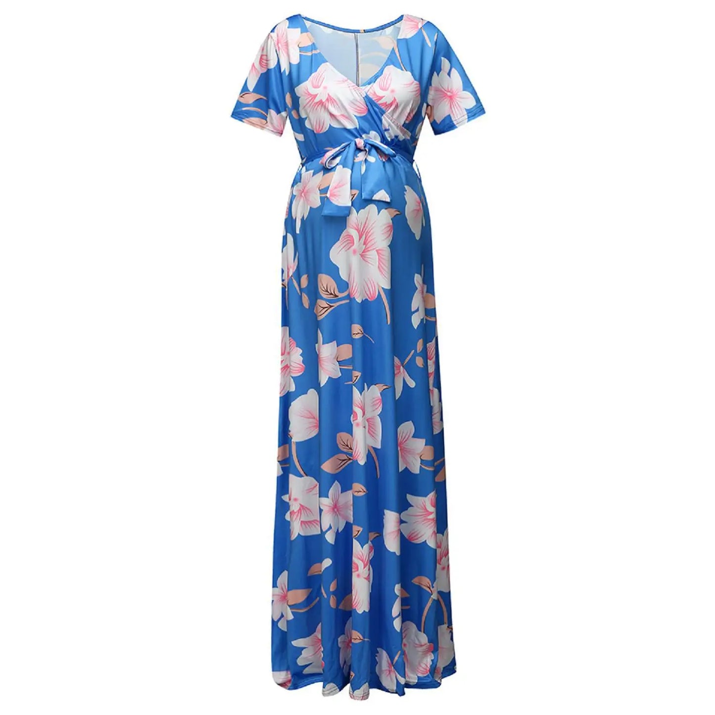 Kiki's Baby Closet Floral Print Short Sleeve V Neck Maxi Long Maternity Dress