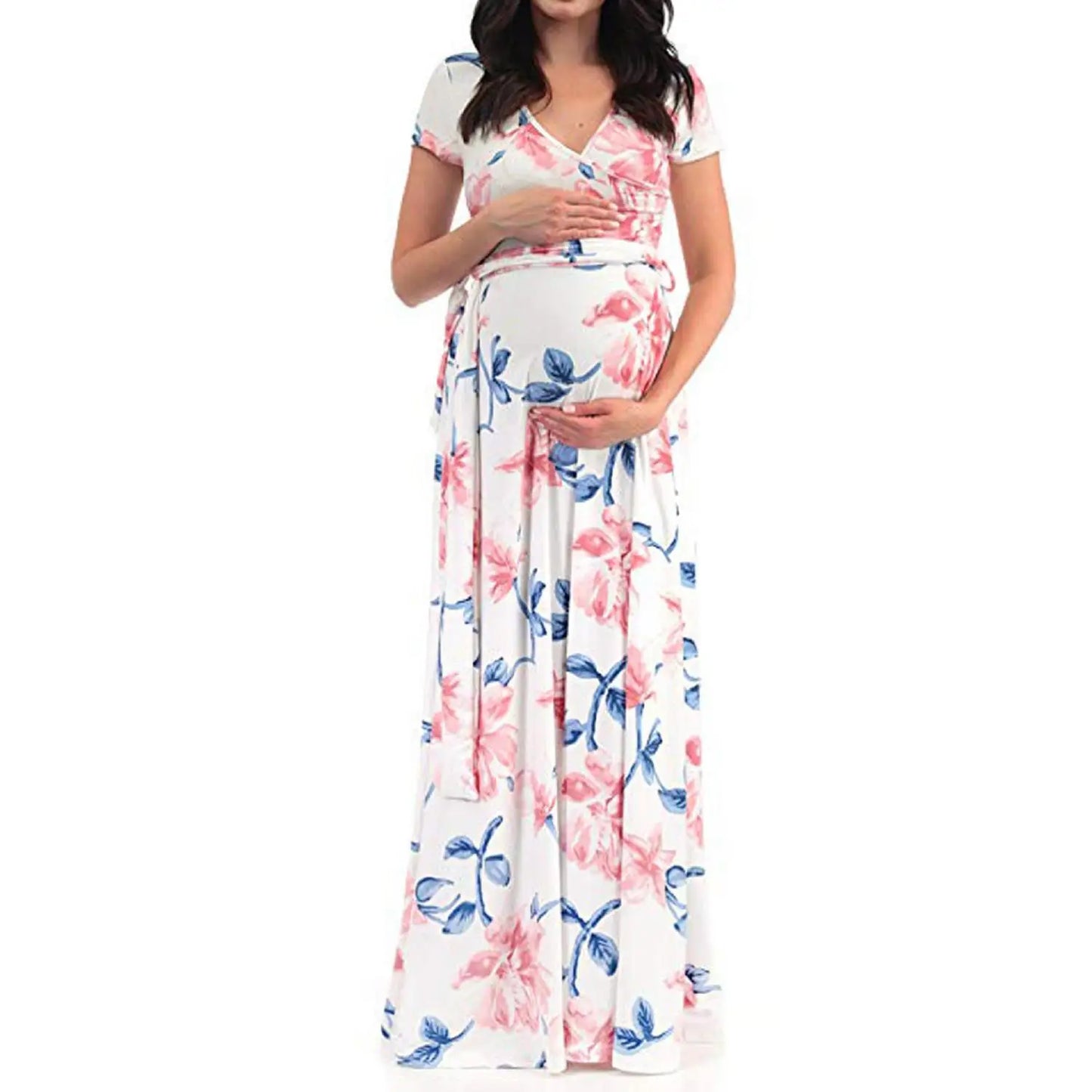 Kiki's Baby Closet Floral Print Short Sleeve V Neck Maxi Long Maternity Dress