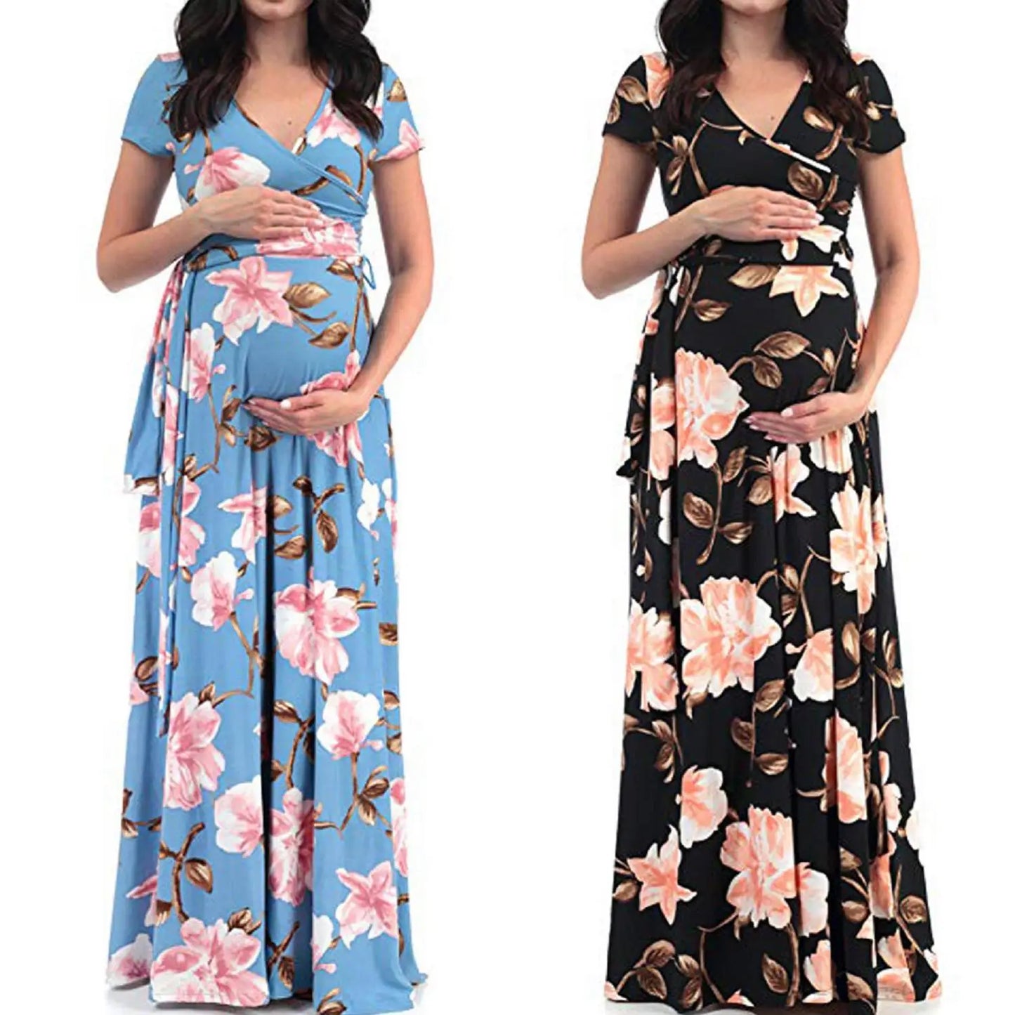 Kiki's Baby Closet Floral Print Short Sleeve V Neck Maxi Long Maternity Dress