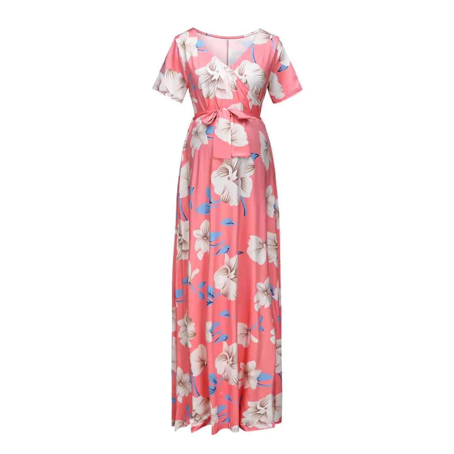 Kiki's Baby Closet Floral Print Short Sleeve V Neck Maxi Long Maternity Dress