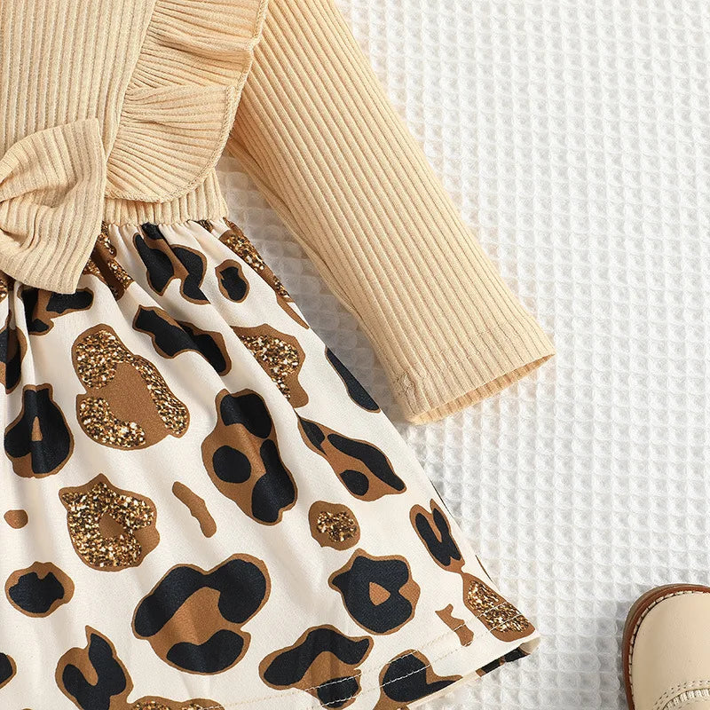 Kiki's Baby Closet Baby Girl Long Sleeve Leopard Print Ruffle Dress and Bow