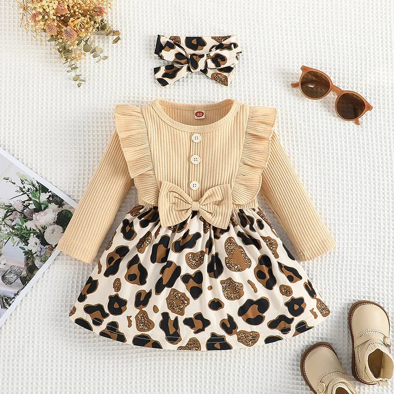 Kiki's Baby Closet Baby Girl Long Sleeve Leopard Print Ruffle Dress and Bow