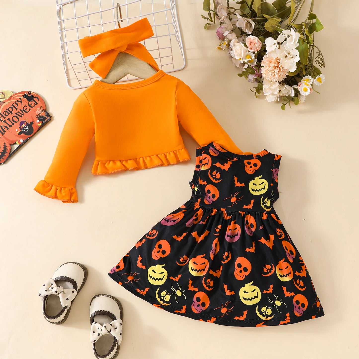 Kiki's Baby Closet Baby Girl 3Pcs Halloween Pumpkin Dress with Ruffled Cardigan and Bow