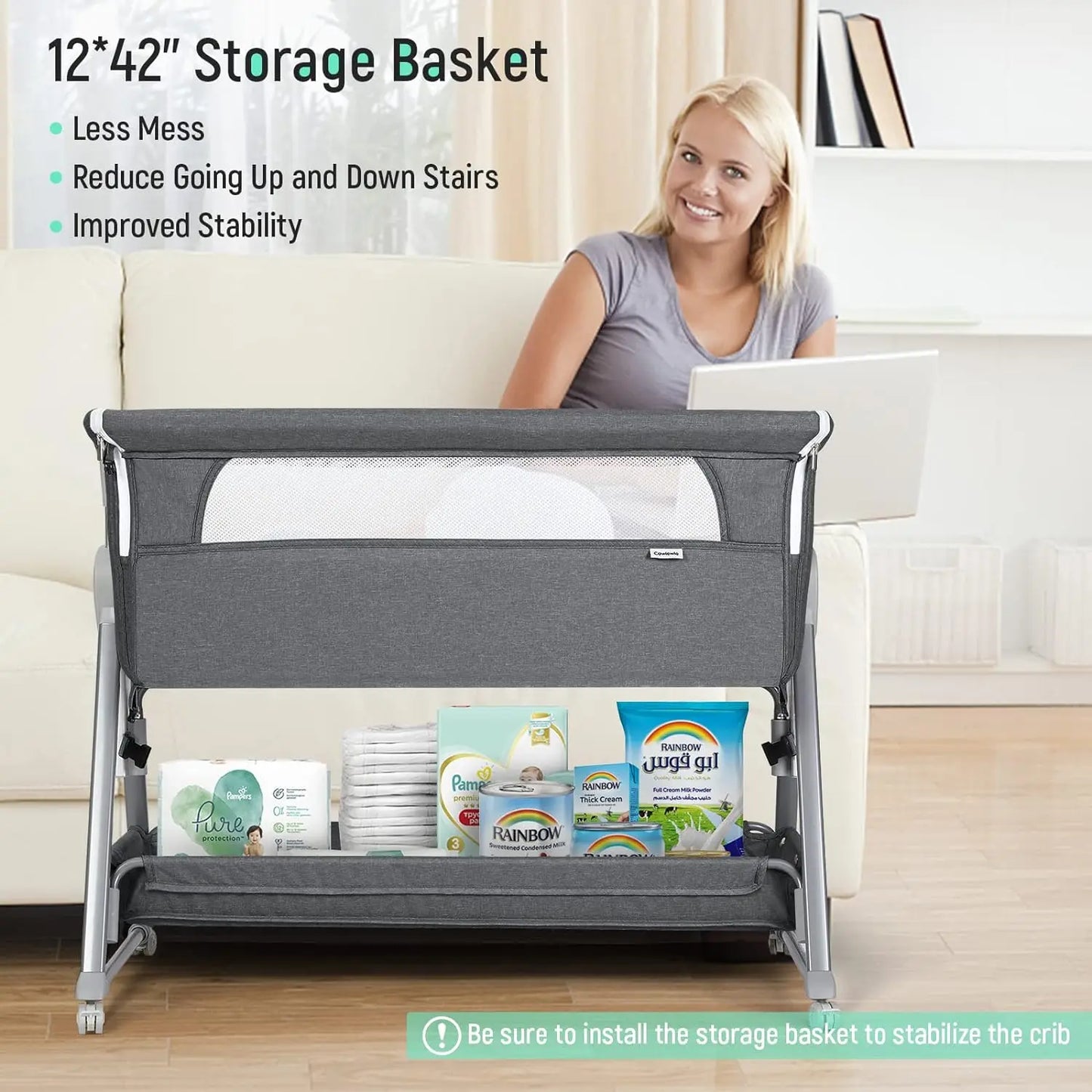 Baby Bassinet, Beside Sleeper for Baby Easy Folding Bedside Bassinet with Storage Basket and Wheels