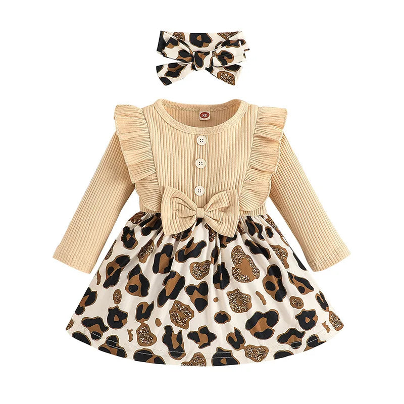 Kiki's Baby Closet Baby Girl Long Sleeve Leopard Print Ruffle Dress and Bow