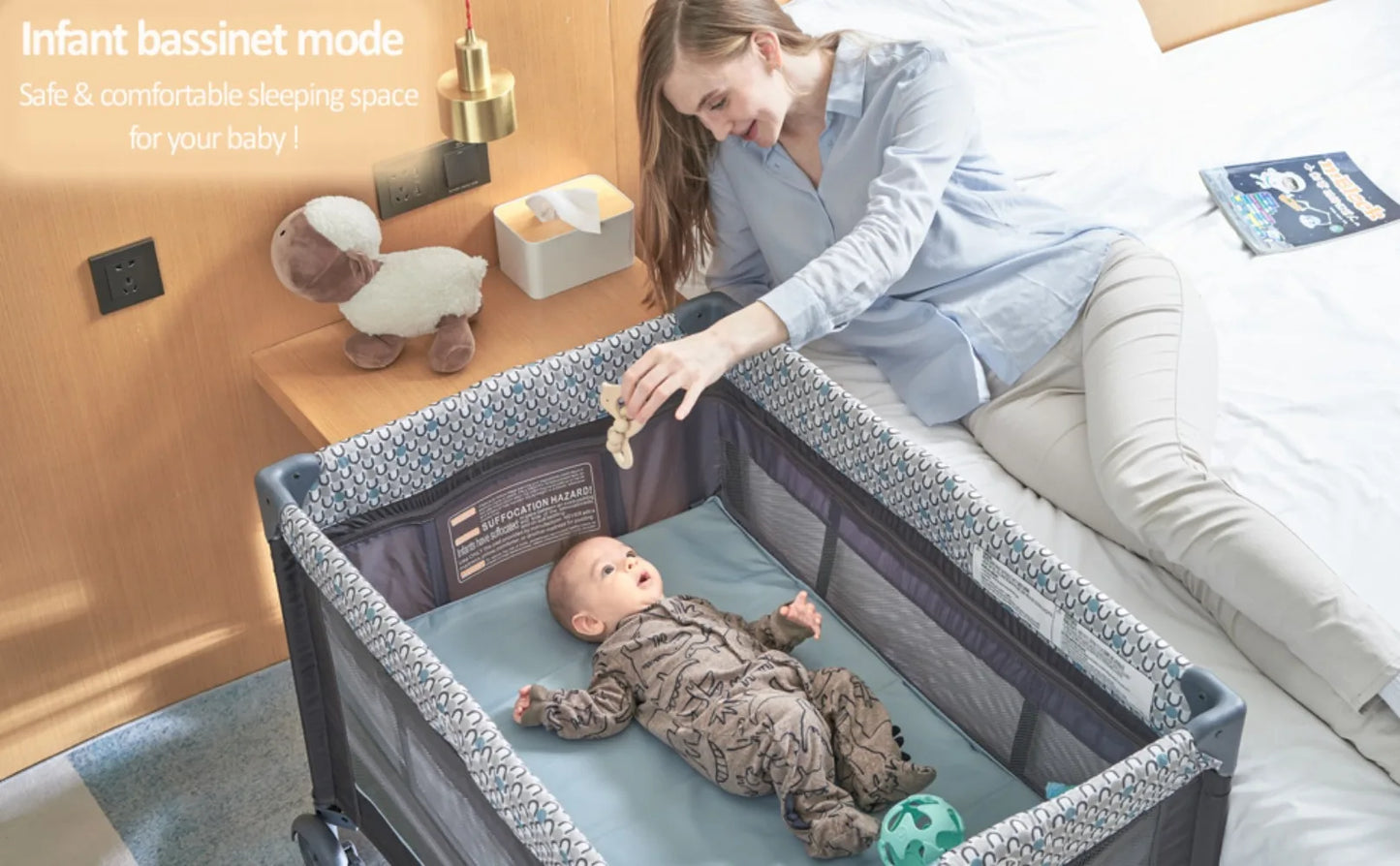 5 in 1 Multifunctional Pack and Play, Foldable Baby Crib with Bassinets, Changing Table, Newborn Napper with Canopy