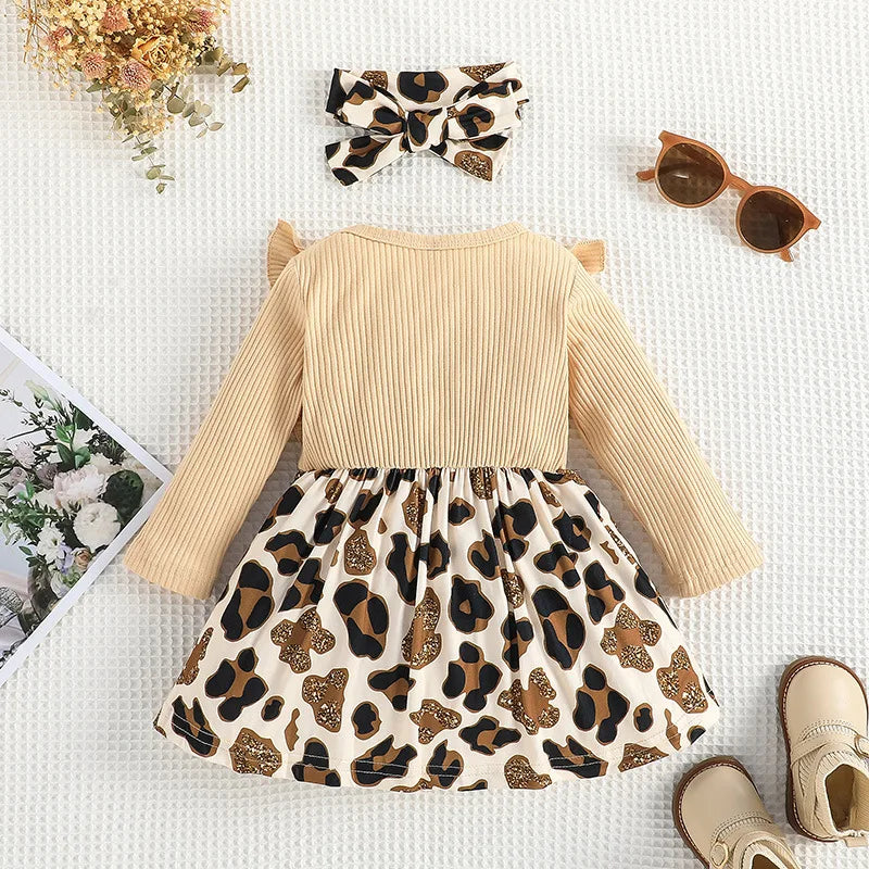 Kiki's Baby Closet Baby Girl Long Sleeve Leopard Print Ruffle Dress and Bow