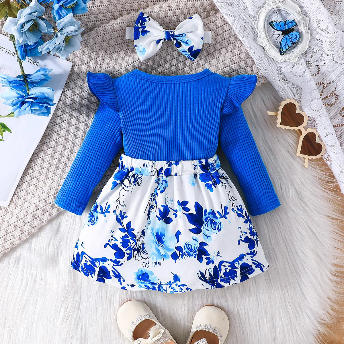 Kiki's Baby Closet Baby Girl Long Sleeve Ruffles Cute Blue Dress with Bow