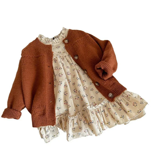 Kiki's Baby Closet Children Girl 2Pcs Floral Printed Ruffle Long Sleeve Dress with Knitted Sweater