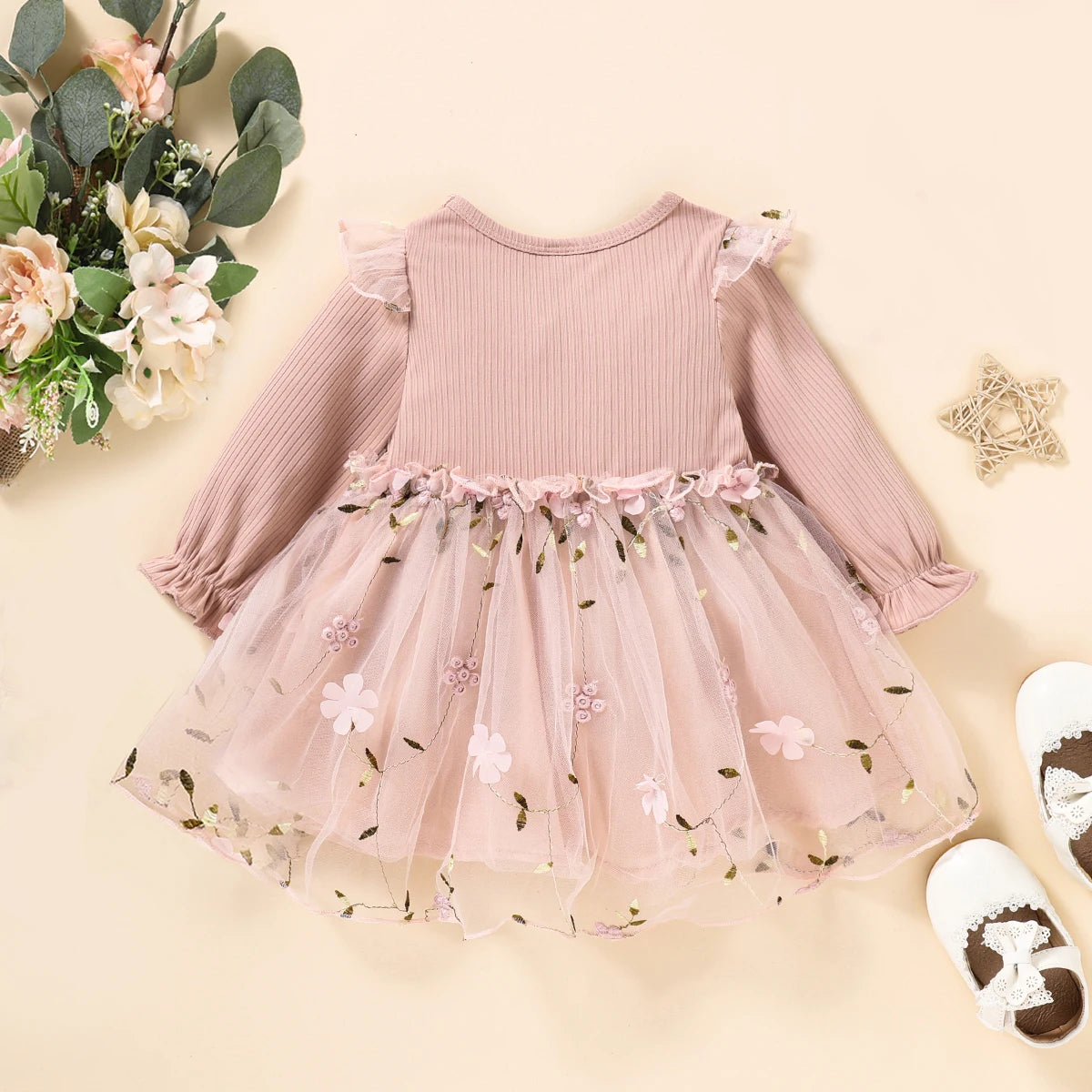 Kiki's Baby Closet Baby Girl Pink Long Sleeved Princess Flower Mesh Dress