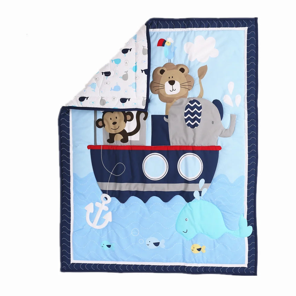 Kiki's Baby Closet 3Pcs Navy Blue Crib Bedding Set Cute Animals Printed Nursery Bedding Crib Comforter Fitted Sheet Crib Skirt