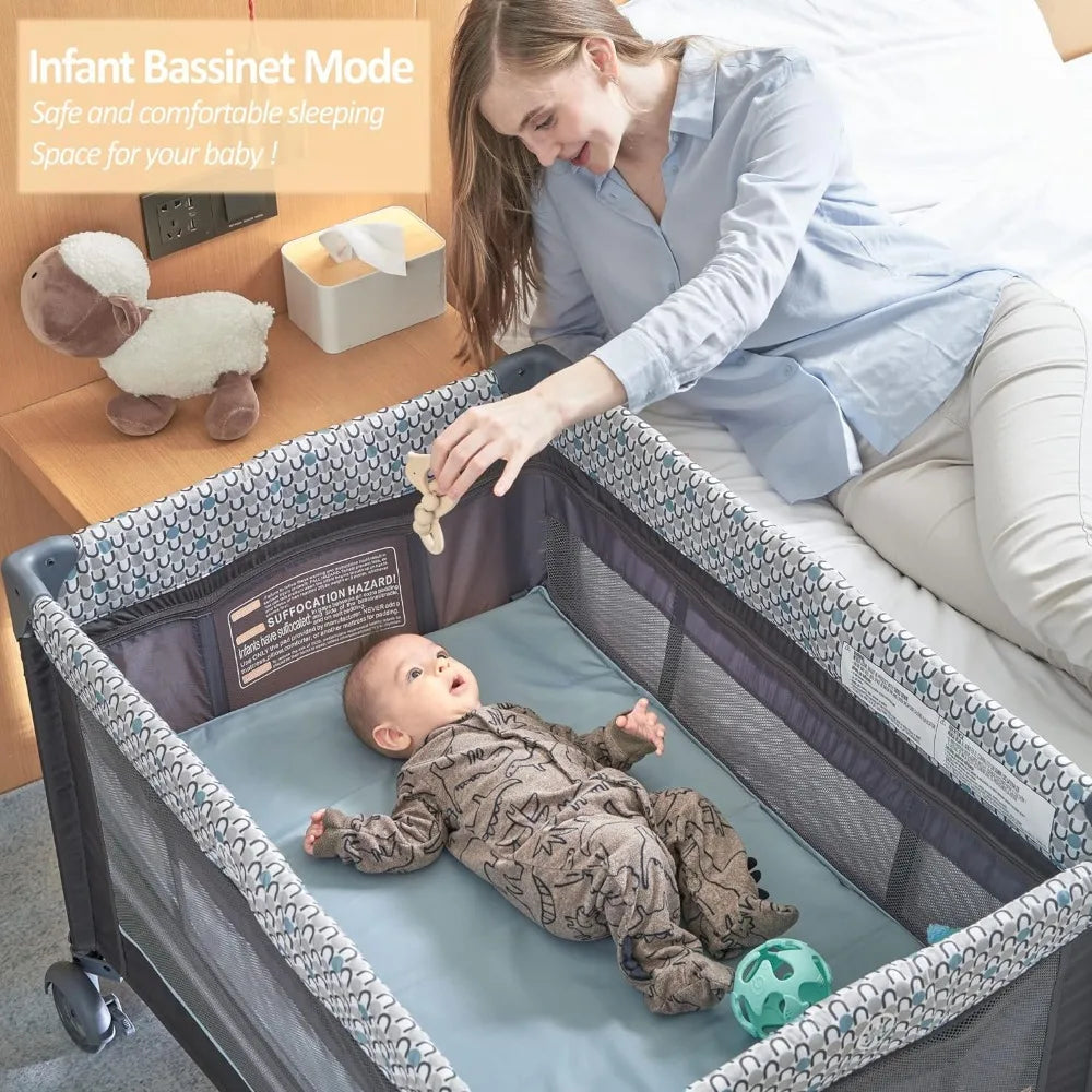 5 in 1 Multifunctional Pack and Play, Foldable Baby Crib with Bassinets, Changing Table, Newborn Napper with Canopy