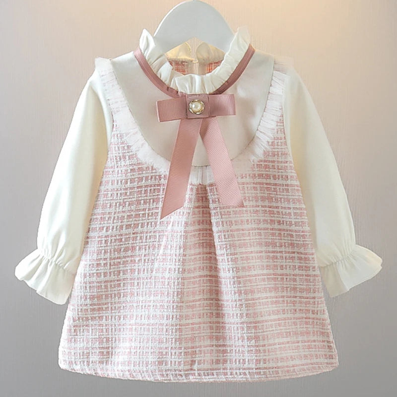 Kiki's Baby Closet Baby Girl Cute Bow Mesh Plaid Long Sleeve Princess Dress