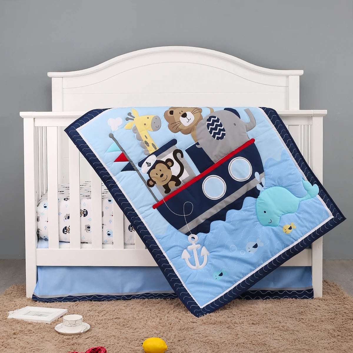 Kiki's Baby Closet 3Pcs Navy Blue Crib Bedding Set Cute Animals Printed Nursery Bedding Crib Comforter Fitted Sheet Crib Skirt