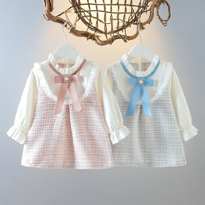 Kiki's Baby Closet Baby Girl Cute Bow Mesh Plaid Long Sleeve Princess Dress