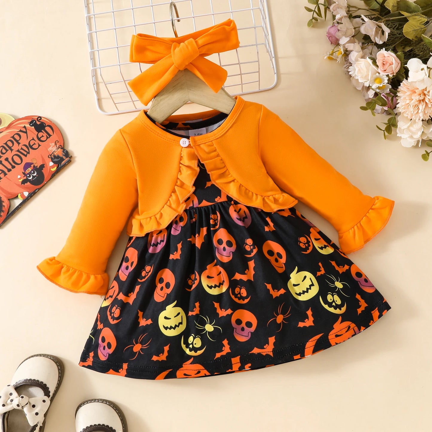 Kiki's Baby Closet Baby Girl 3Pcs Halloween Pumpkin Dress with Ruffled Cardigan and Bow