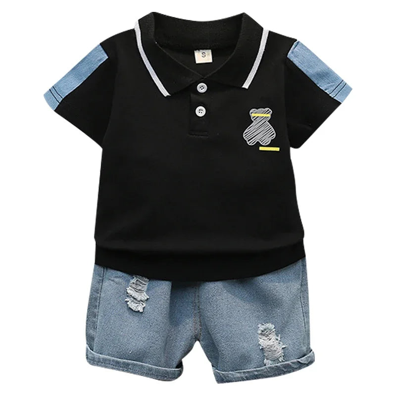 Kiki's Baby Closet Baby Boy Cartoon Short Sleeve and Denim Short set