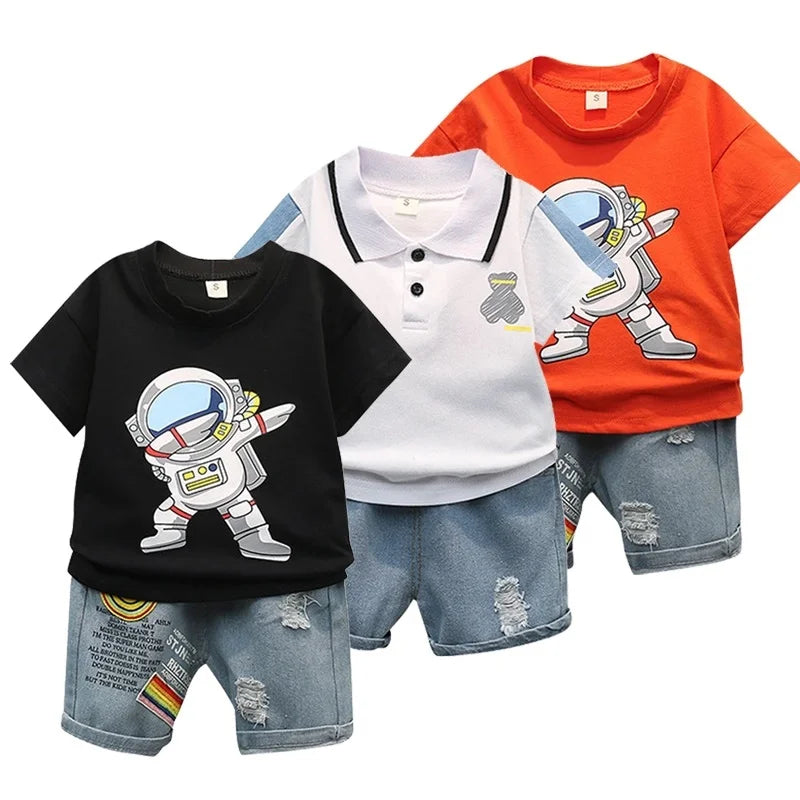 Kiki's Baby Closet Baby Boy Cartoon Short Sleeve and Denim Short set