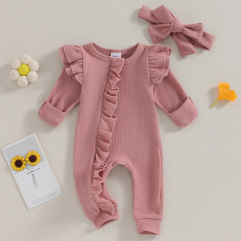 Kiki's Baby Closet Baby Girl Ruffle Zipper Long Sleeve Romper with Headband Bow