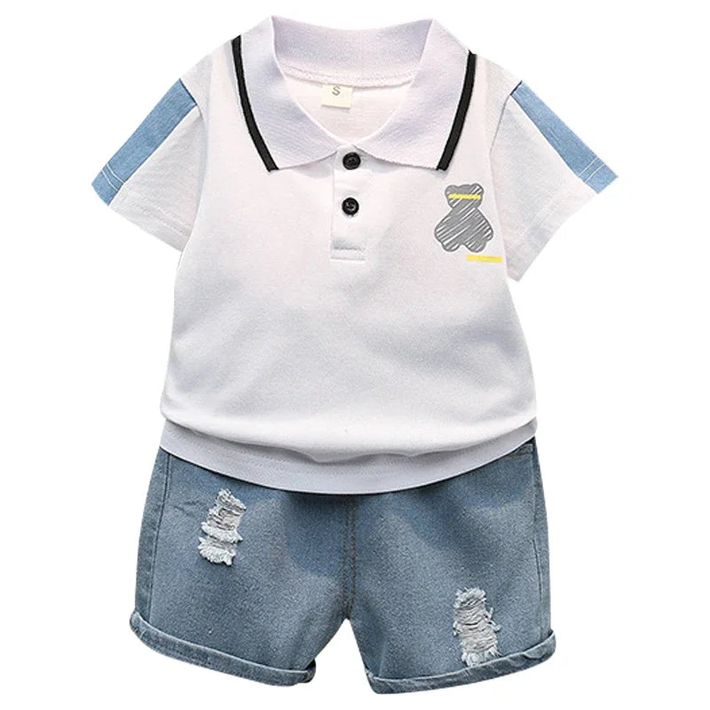 Kiki's Baby Closet Baby Boy Cartoon Short Sleeve and Denim Short set