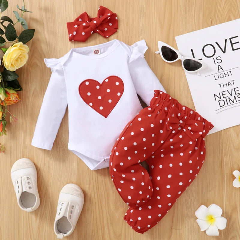 Kiki's Baby Closet 3Pcs Baby Girl Love Heart Bodysuit with Pants and Headband